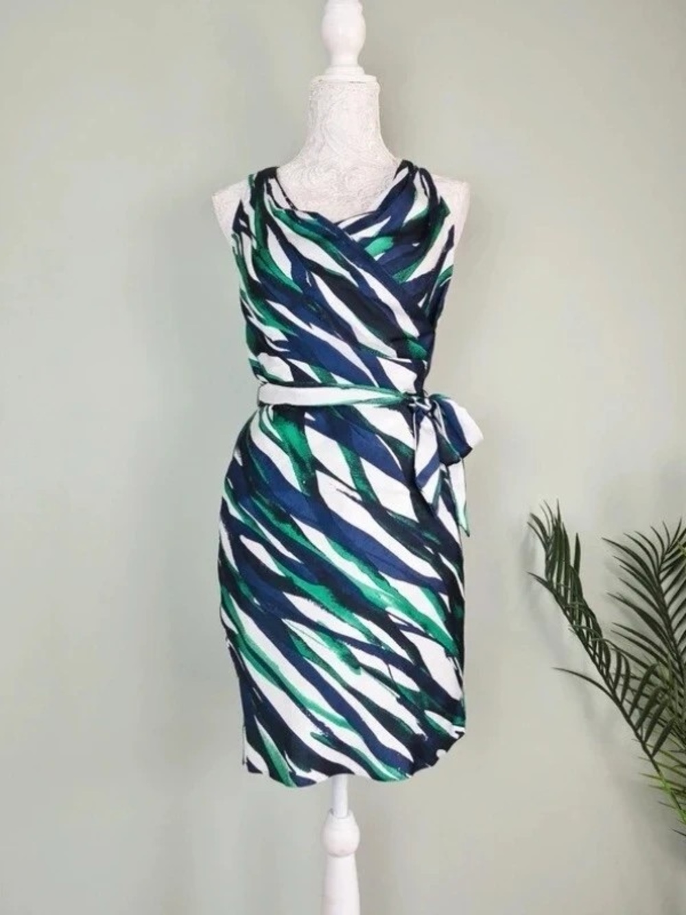 Sleeveless Wrap Maxi Dress in Green, Navy & White Abstract Print